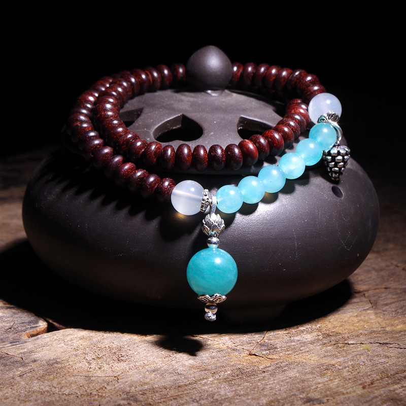 正品 印度小叶紫檀手串108檀木佛珠天河石粉水晶蜜蜡饰品手链女款