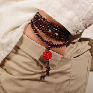 原创民族风小叶紫檀香木手串木质红木佛珠小象朱砂手链女4MM216颗