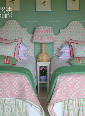 墨瑞法英式清新图案布艺床双人床复古风软包床头靠背headboard