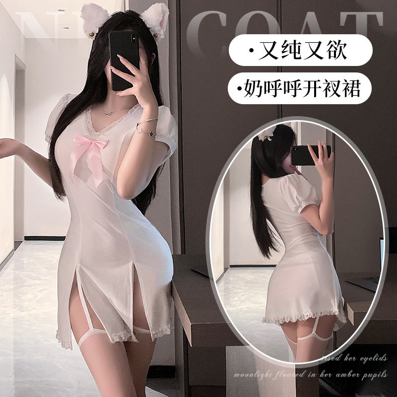 新款度假法式甜美高腰开叉纯欲风连衣裙女蝴蝶结韩系气质修身短裙