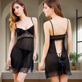 女士情调内衣透视诱惑吊带裙性感蕾丝镂空蝴蝶结透明网纱睡裙套装