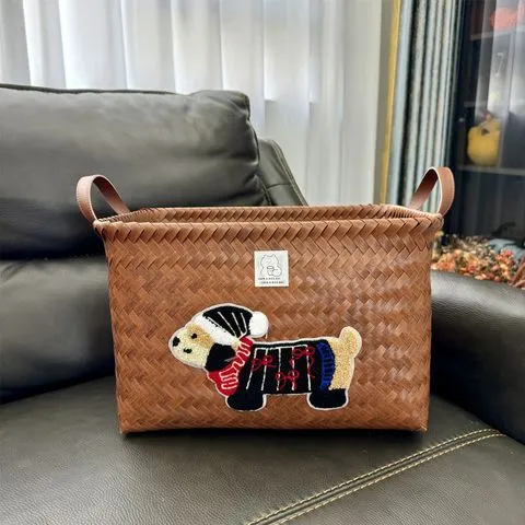 脏衣篓收纳筐腊肠狗PU篮网同款把衣桶仿藤编脏衣服美式红款