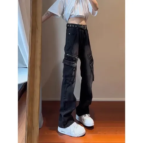 口袋微喇裤直筒工装高街vibe牛仔裤弯刀黑色潮流美式宽松男裤子男