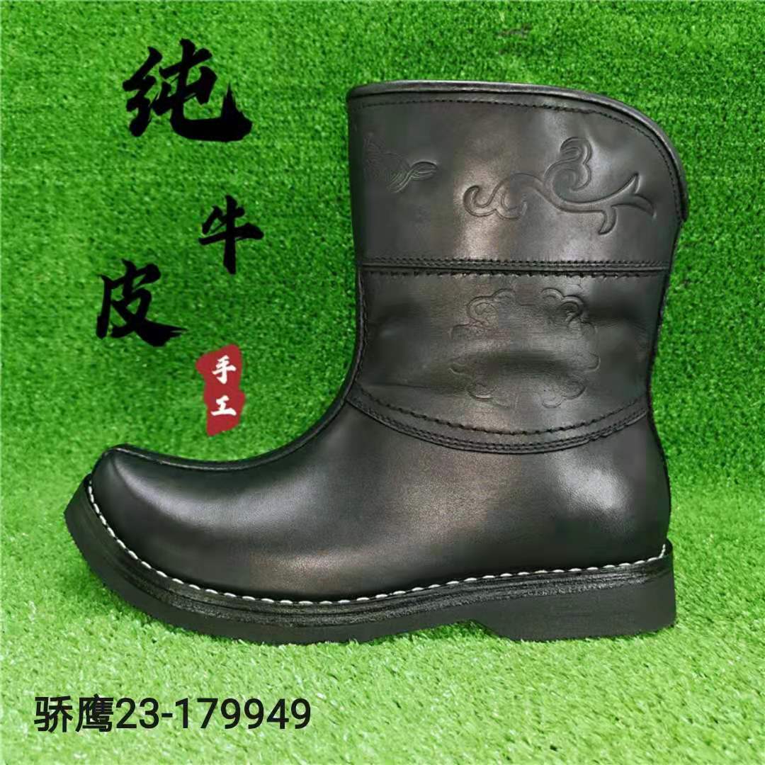 骄鹰原创内蒙古正面牛皮黑色复古传统短靴蒙古靴春秋手工圆头马靴
