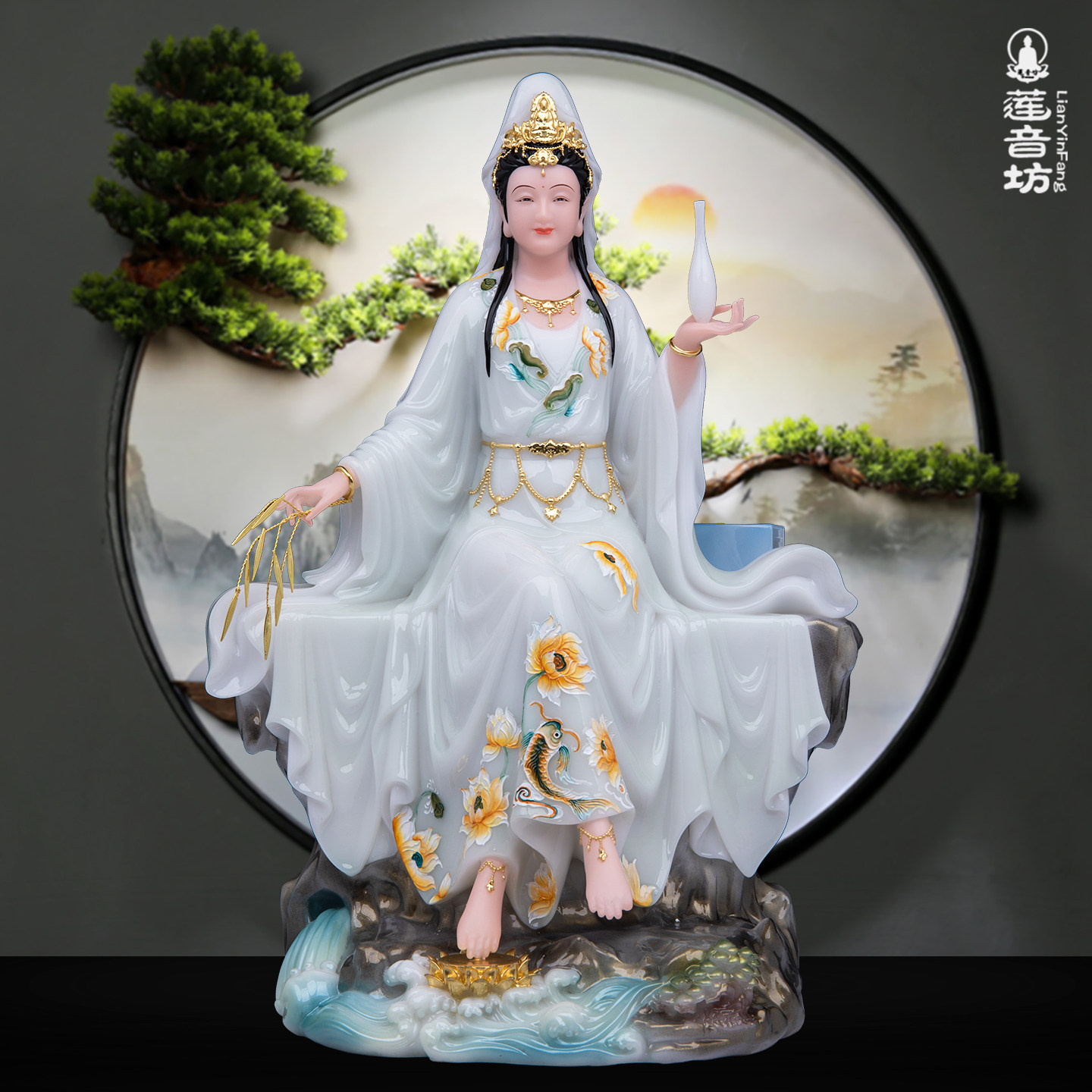 自在观音汉白玉佛像菩萨家居观世音娘娘南海观音摆件