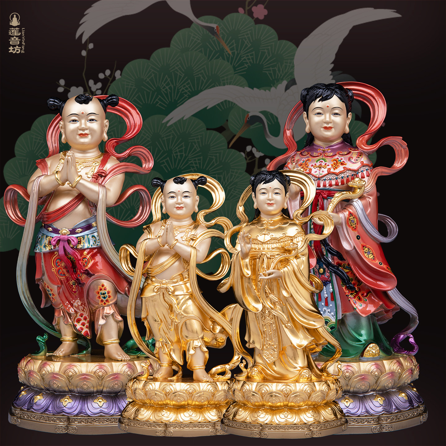 金童玉女铜像贴金善财龙女左右童子观音菩萨娘娘家用桌面佛堂摆件