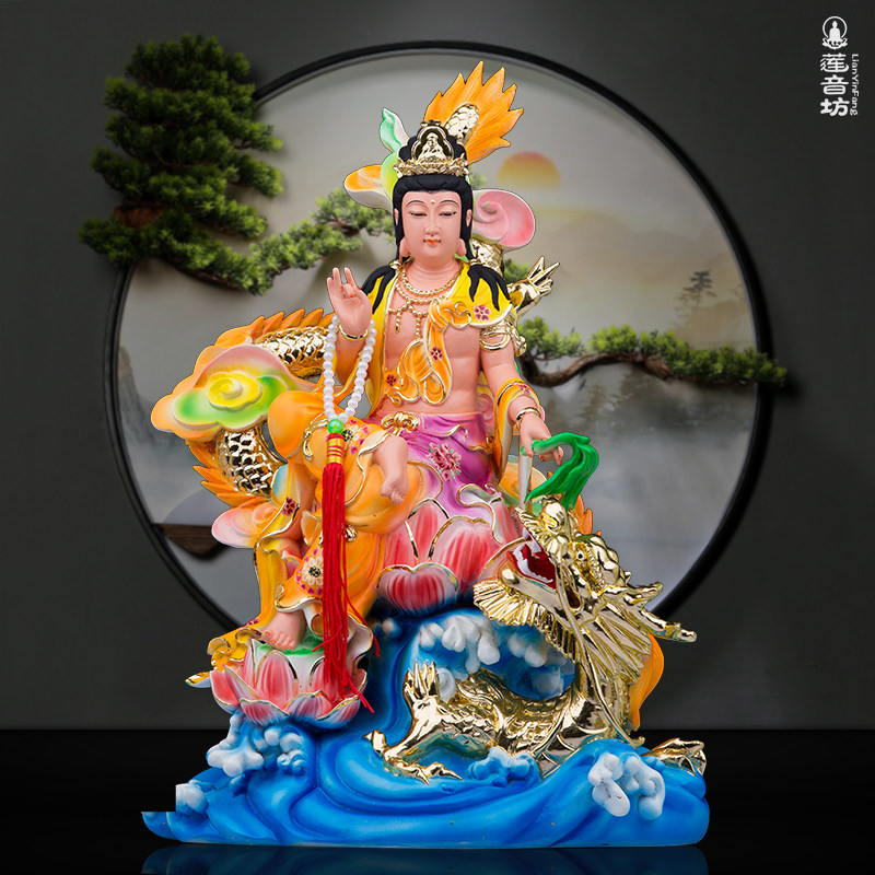 坐龙观音树脂彩绘佛像摆件居家佛堂祥龙偏龙鳌鱼观世音菩萨摆件