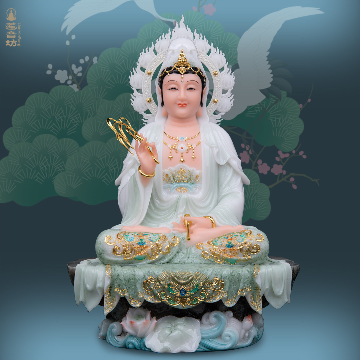 汉白玉坐山观音菩萨佛像观世音菩萨神像家用供奉南海观音娘娘摆件