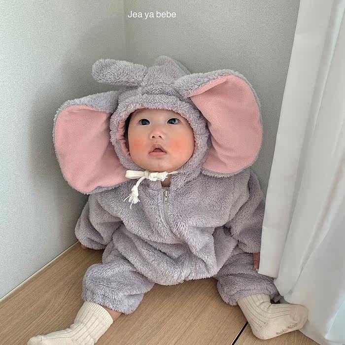 现货韩国进口冬季男女婴幼儿童宝宝抓绒连帽连体衣卡通大象爬服