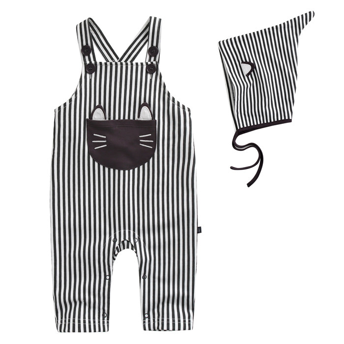 现货韩国宝宝衣服童装秋男女童婴幼儿童条纹猫咪连体衣可爱背带裤
