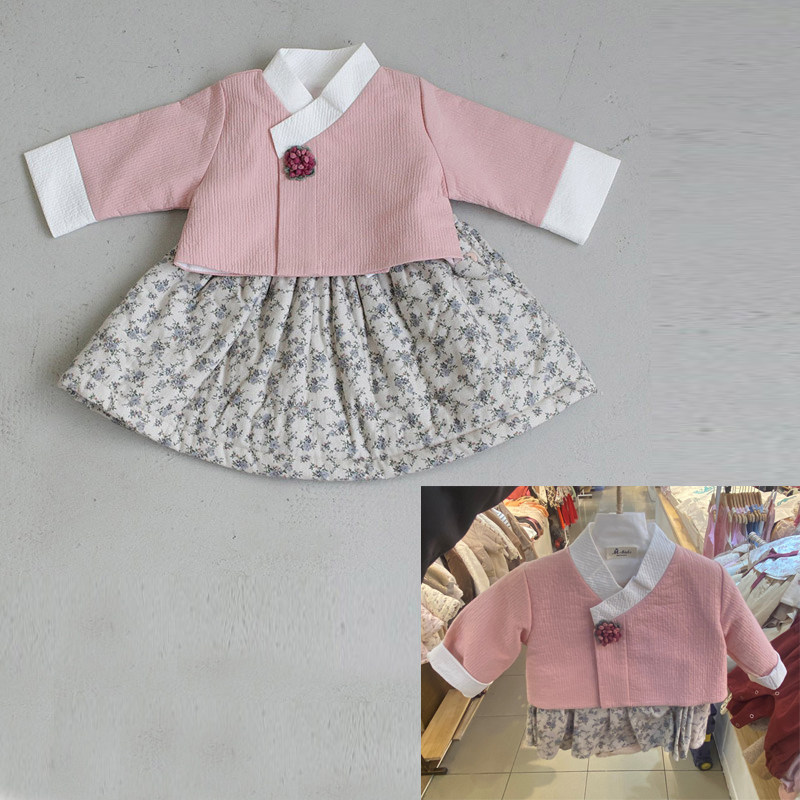 现货韩国进口春季女幼儿童姐妹碎花斜襟连体衣韩服生日周岁连衣裙