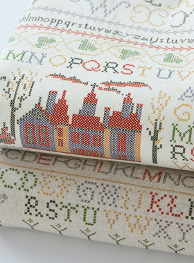 纯棉布料全棉手工DIY棉麻亚麻棉加厚布料八安细帆布十字绣城堡