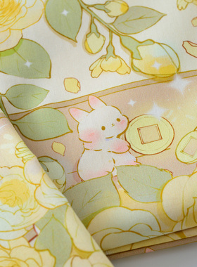 40支纯棉弹力府绸布料卡通插画棉布有弹服装面料金钱兔有求币应