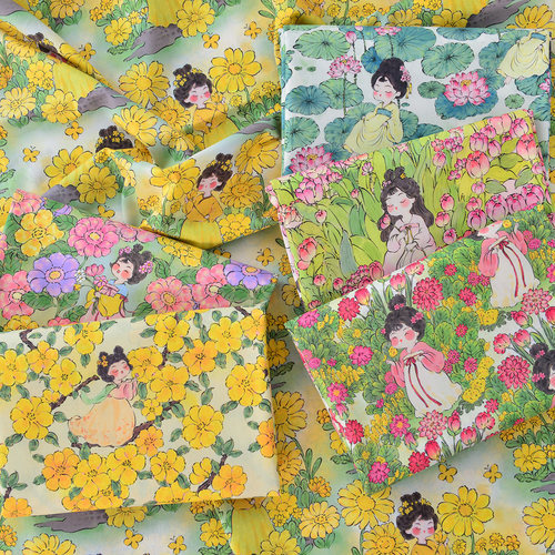 纯棉手工DIY国风鲜花仕女布料