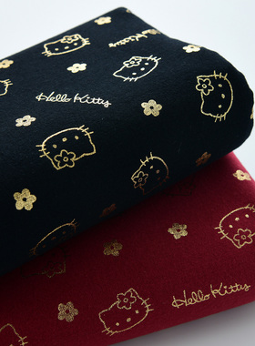 纯棉磨毛Kitty烫金棉布料手工DIY服装棉袄棉服面料卡通布料黑红色