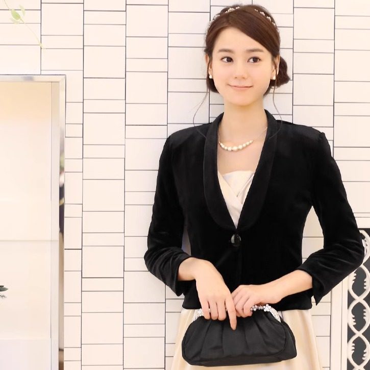 日系中古气质西装天鹅绒古着婚礼伴娘短款长袖礼服外套