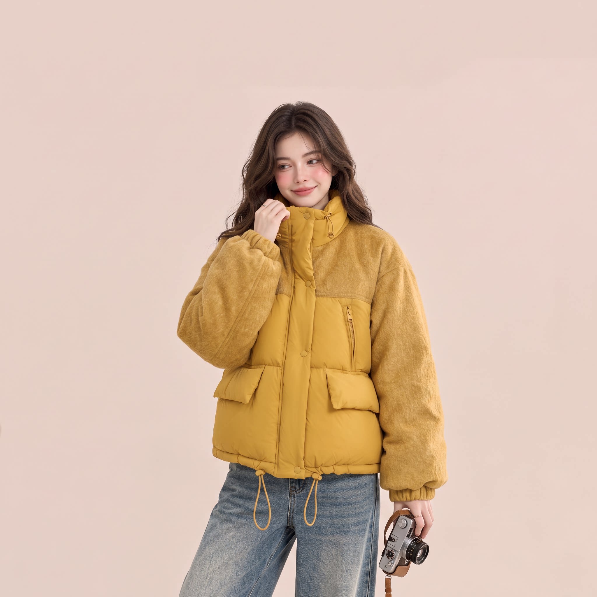CHUER冬日亮色拼接短款立领羽绒服女2026冬季减龄90白鸭绒外套