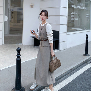 春季新款假两件连衣裙配腰带7276P160控258图片