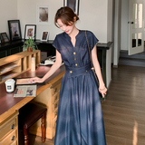 港风复古深蓝色连衣裙女2025夏季新款气质高级感收腰显瘦v领长裙，商品下架区，浙宝133
