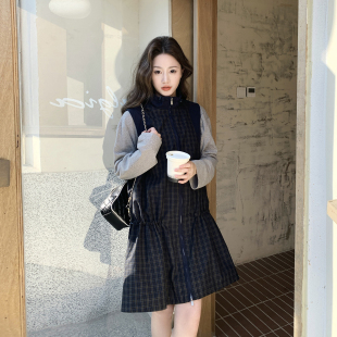 背心裙抽绳连衣裙7281 大货已出 拼接格子无袖 新款 P135控218 春季