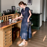 港风复古深蓝色连衣裙女2025夏季新款气质高级感收腰显瘦v领长裙，商品下架区，浙宝133