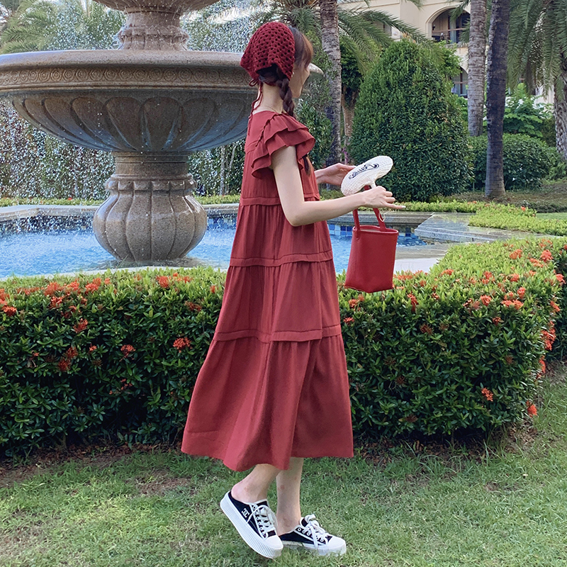 红色小飞袖连衣裙女夏2025新款法式甜美设计感宽松显瘦森系蛋糕裙，女装连衣裙，浙宝133