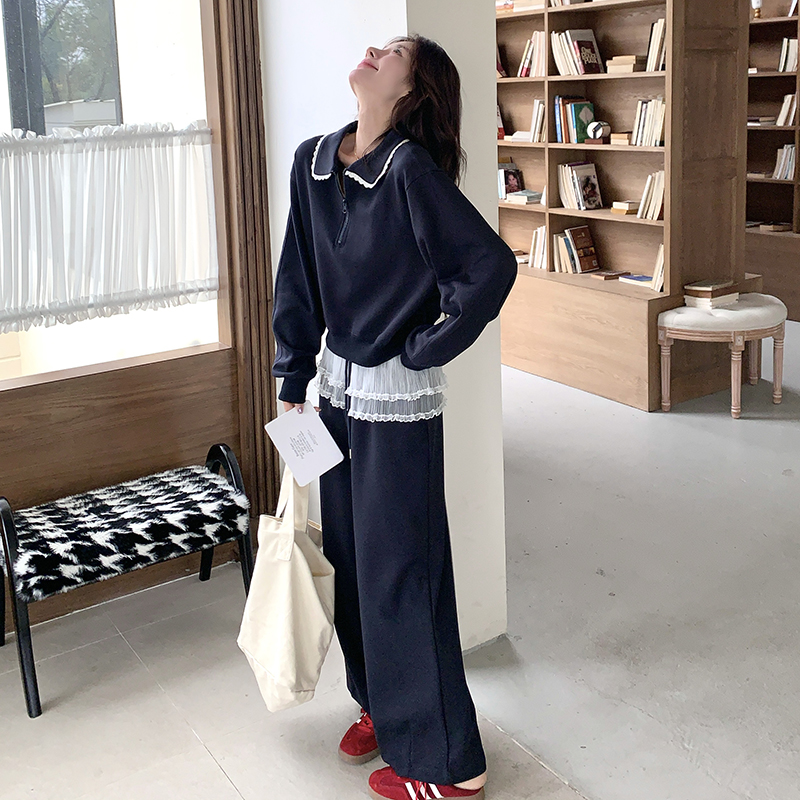 网红爆款蕾丝拼接卫衣套装女春季2025新款休闲运动风阔腿裤两件套，女装套装/套裙，浙宝133