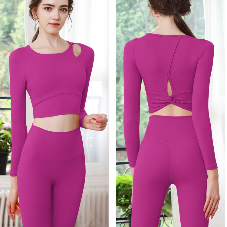 帛扬秋冬瑜伽服套装女长袖运动上衣镂空纽结紧身绝美普拉提健身服