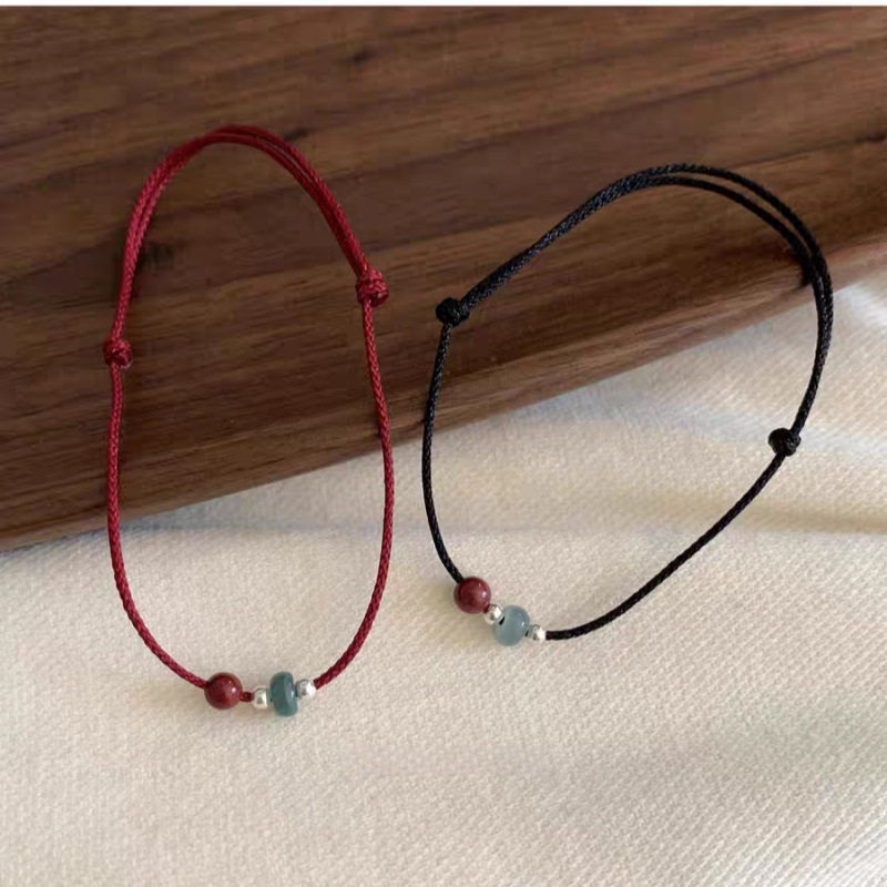 S925银小福牌手绳手工编织朱砂翡翠简约本命年小红绳女生百搭手饰