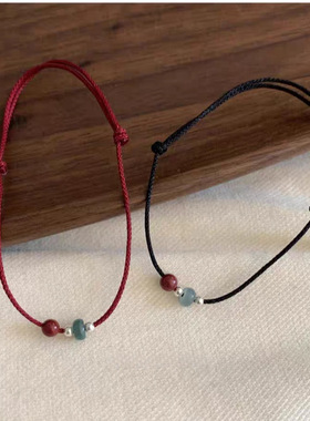 S925银小福牌手绳手工编织朱砂翡翠简约本命年小红绳女生百搭手饰