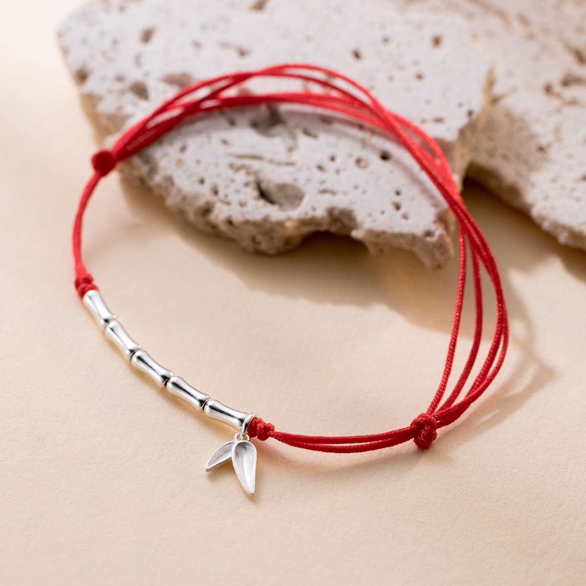 S925银简约叶子竹节红绳手链DIY手串手工编织手环C0933