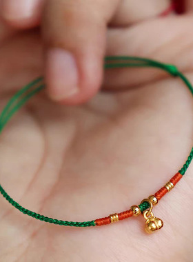 新年柿柿如意可调节手绳手工精工编织极细绿色手链脚链送女友手饰