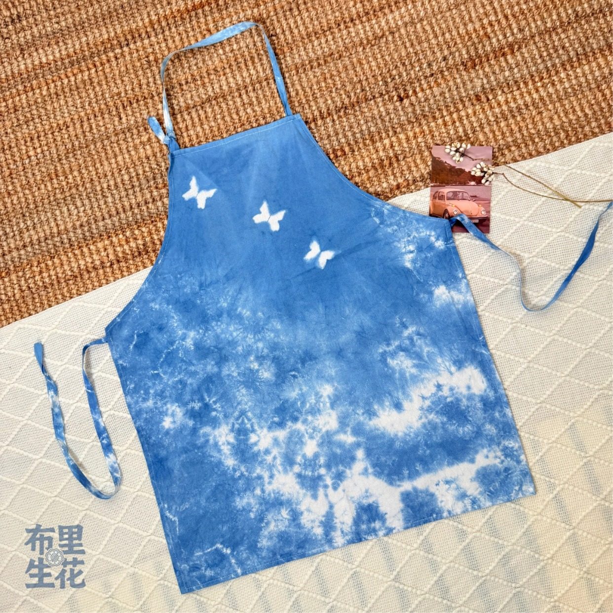 夏日清凉风蓝色扎染围裙蝴蝶印花吊带可调节厨房烘焙定制,个性定制/设计服务/DIY,围裙定制/加工,淘宝优惠券,粉丝福利购,淘宝优惠卷