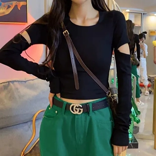 新款 显瘦减龄ins潮T桖上衣 洋气修身 2023春季 破洞设计感长袖 打底衫