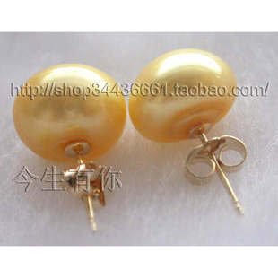 今生有你：天然11mm金色珍珠耳钉（14K包金）