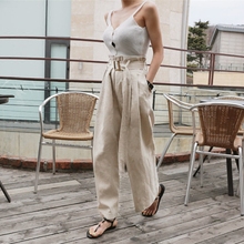 2019夏装新品米色亚麻高腰阔腿裤宽松垂感棉麻长裤收腰显瘦休闲裤