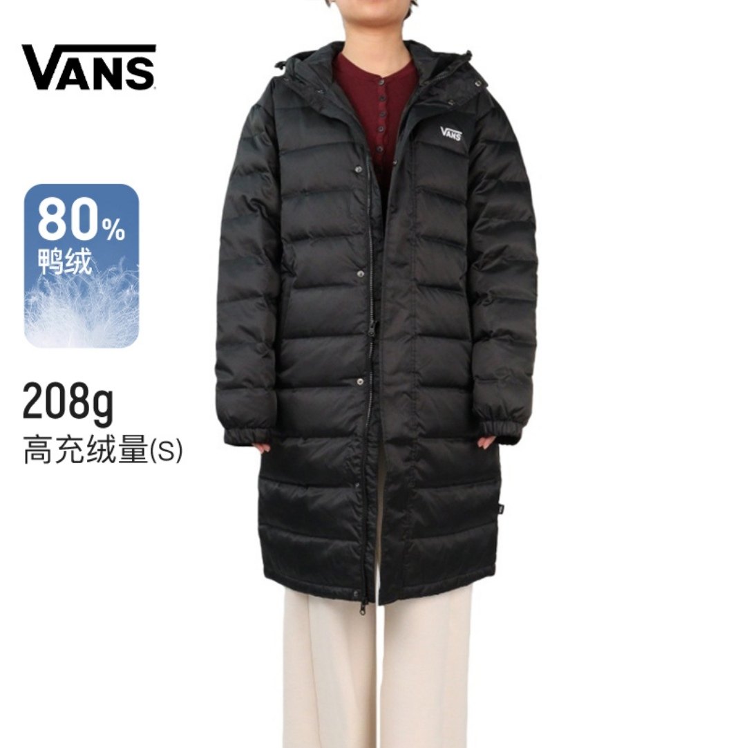 VANS男女同款黑色连帽加长款羽绒服保暖夹克外套200克以上充绒量