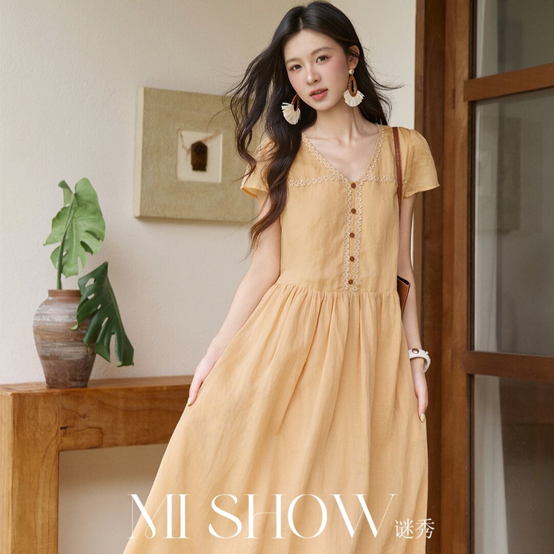 谜秀女士天丝苎麻短袖连衣裙