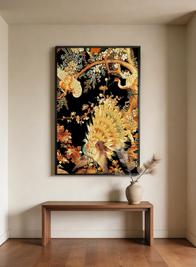 《金雀争辉》描金肌理中式挂画孔雀玄关入户轻奢风墙面竖版装饰画