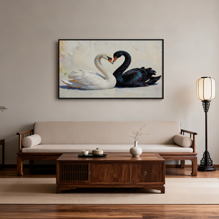 《双鹅同心》厚涂油画挂画忠贞不渝新房玄关入户公司前台装饰画