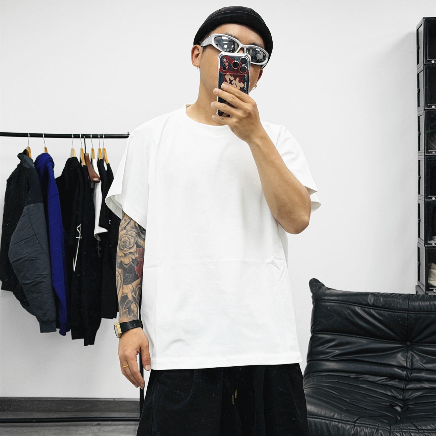 KANYE侃爷百搭YZY净版纯色一体裁剪蝙蝠袖连肩袖男女宽松短袖T恤