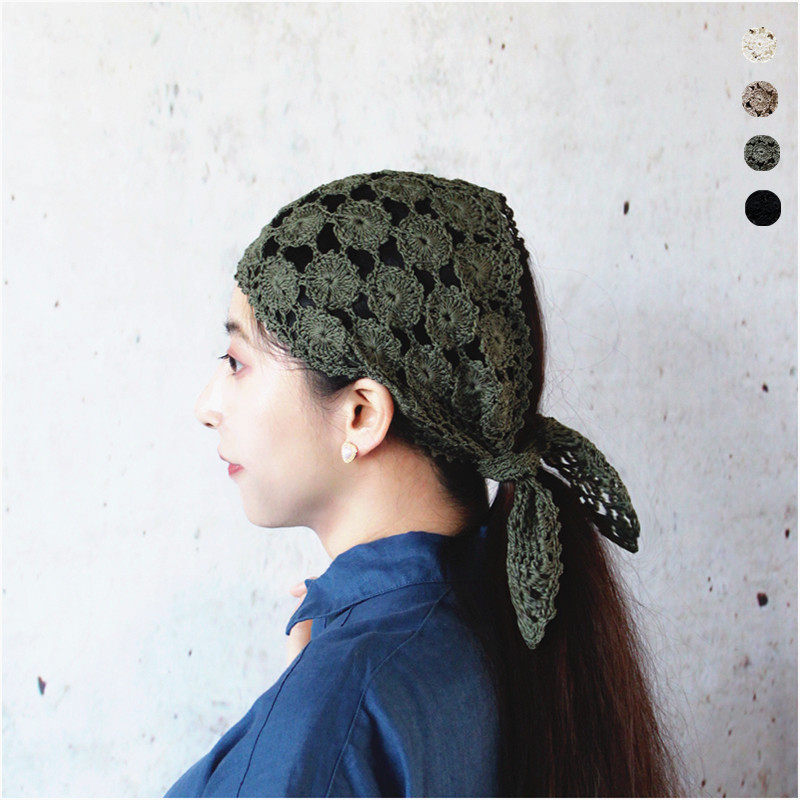 四季发带头巾钩花薄款手工帽子土豆夫人原创【亚麻小圆花宽发带】