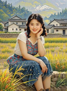 复古乡村风格海报墙贴画ins风稻田里美妇人网红旧时光贴墙门贴画