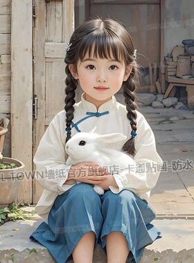 复古旧时光可爱小姑娘抱兔子图海报墙贴画儿时回忆装饰画防水自粘