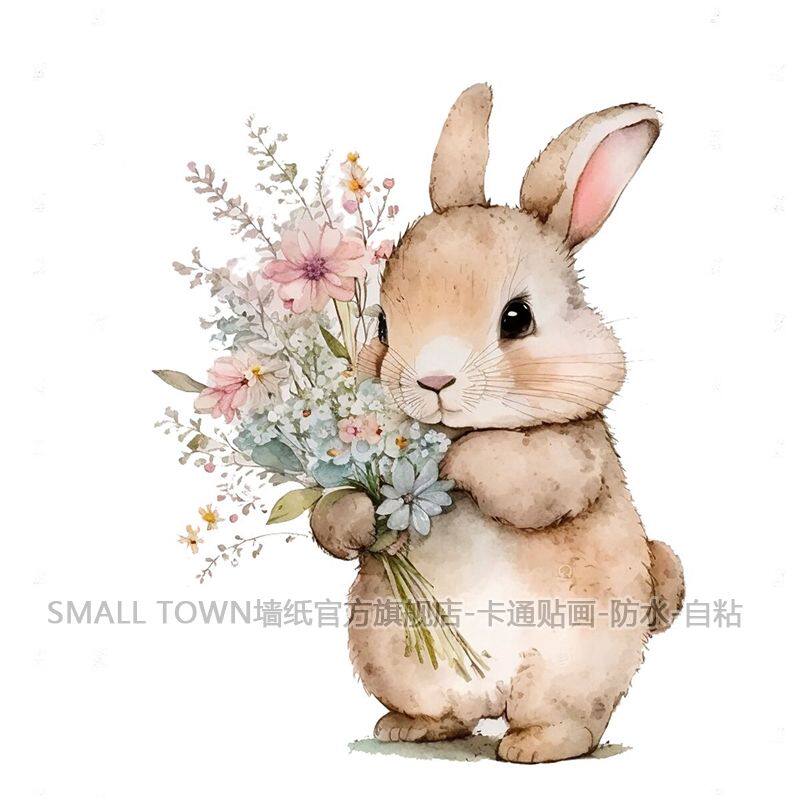 可爱抱花小兔子贴画防水自粘车贴软装墙贴