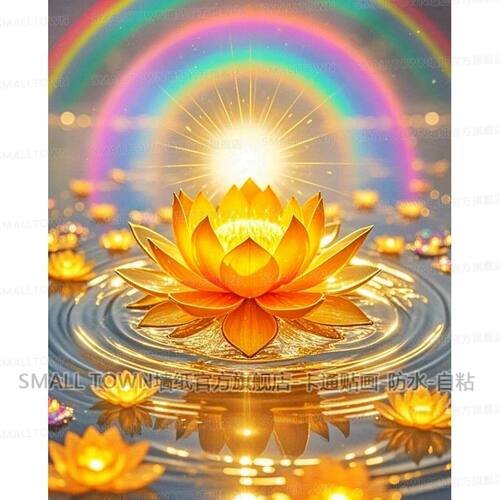 金色莲花贴画阳光普照背景画贴纸自带背胶自粘墙贴门贴防水装饰画