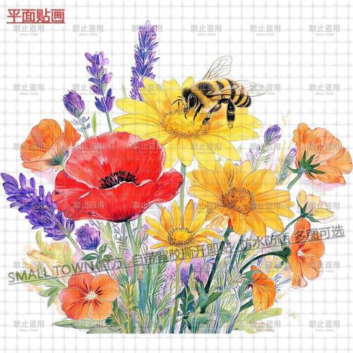 新款鲜花图案自粘贴画花朵与蜜蜂