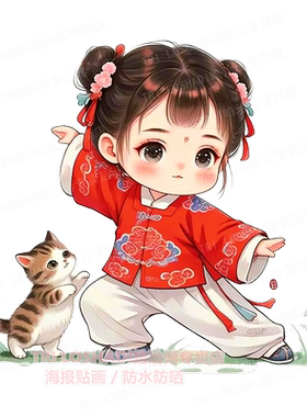 超萌可爱太极美少女与小猫创意卡