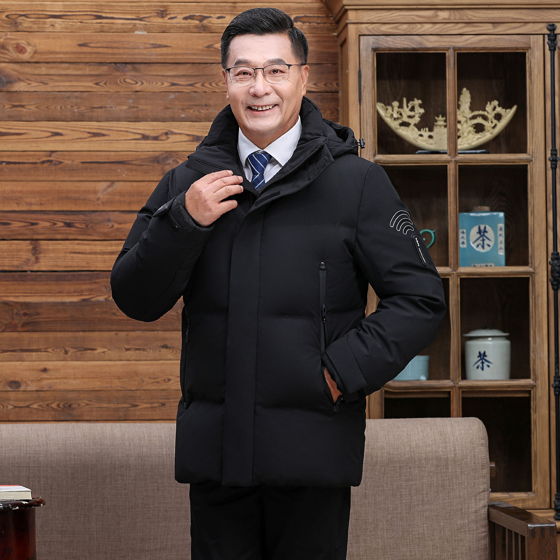 2025年中老年连帽中长款加厚防寒爸爸装白鸭绒羽绒服H27-P195,男装羽绒服,星座1210A