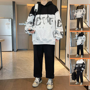 2025春秋拼色运动休闲套装潮流男百搭卫衣卫裤青年韩版两件套P100